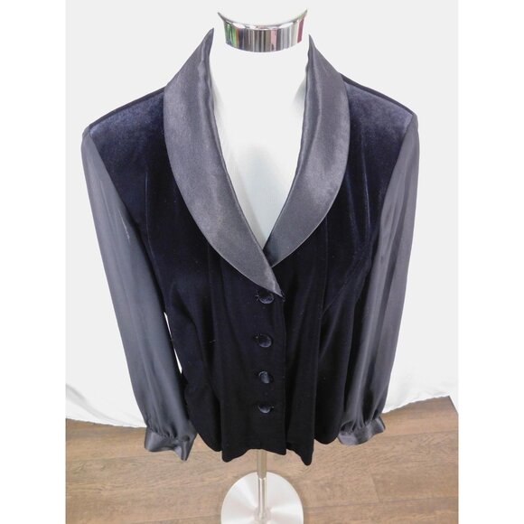Danny & Nicole Jacket Womens 14 Black Velvet Sheer Sleeve Satin Shawl Collar - Picture 3 of 12